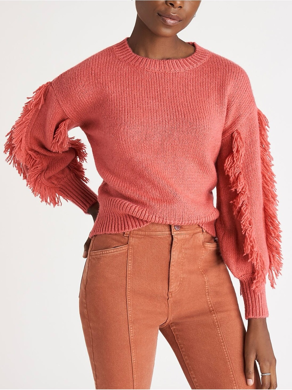 NWT Ann Taylor Sweater Fringe Sleeve Salmon Pink Medium New